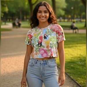 ZARA Cropped Graphic Short Sleeved T-shirt With Lemon & Floral Print Size M
